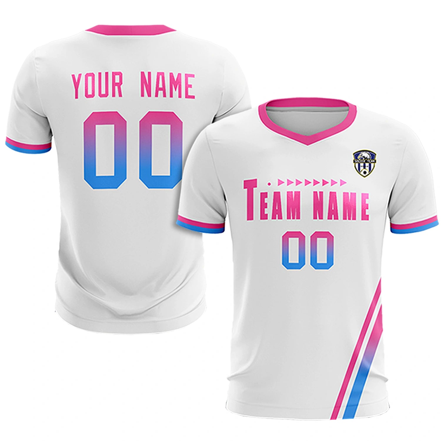 Custom White Pink-Powder Blue Gradient Fashion Sportswear Soccer Sets Jersey
