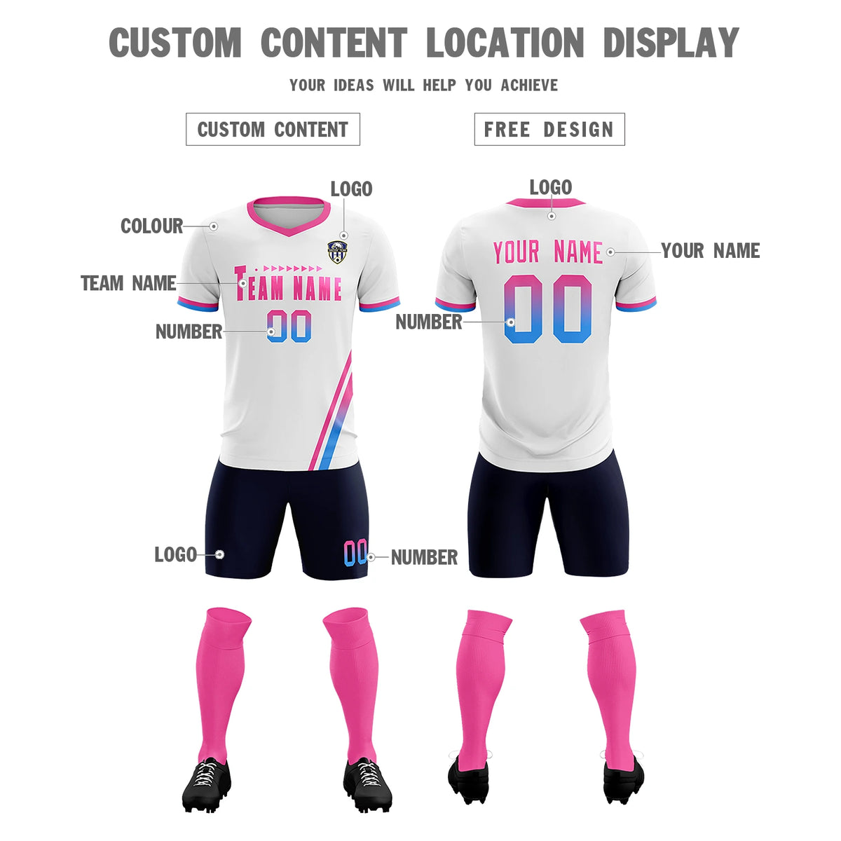 Custom White Pink-Powder Blue Gradient Fashion Sportswear Soccer Sets Jersey