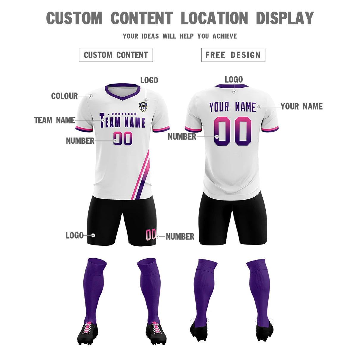 Custom White Pink-Purple Gradient Fashion Sportswear Soccer Sets Jersey
