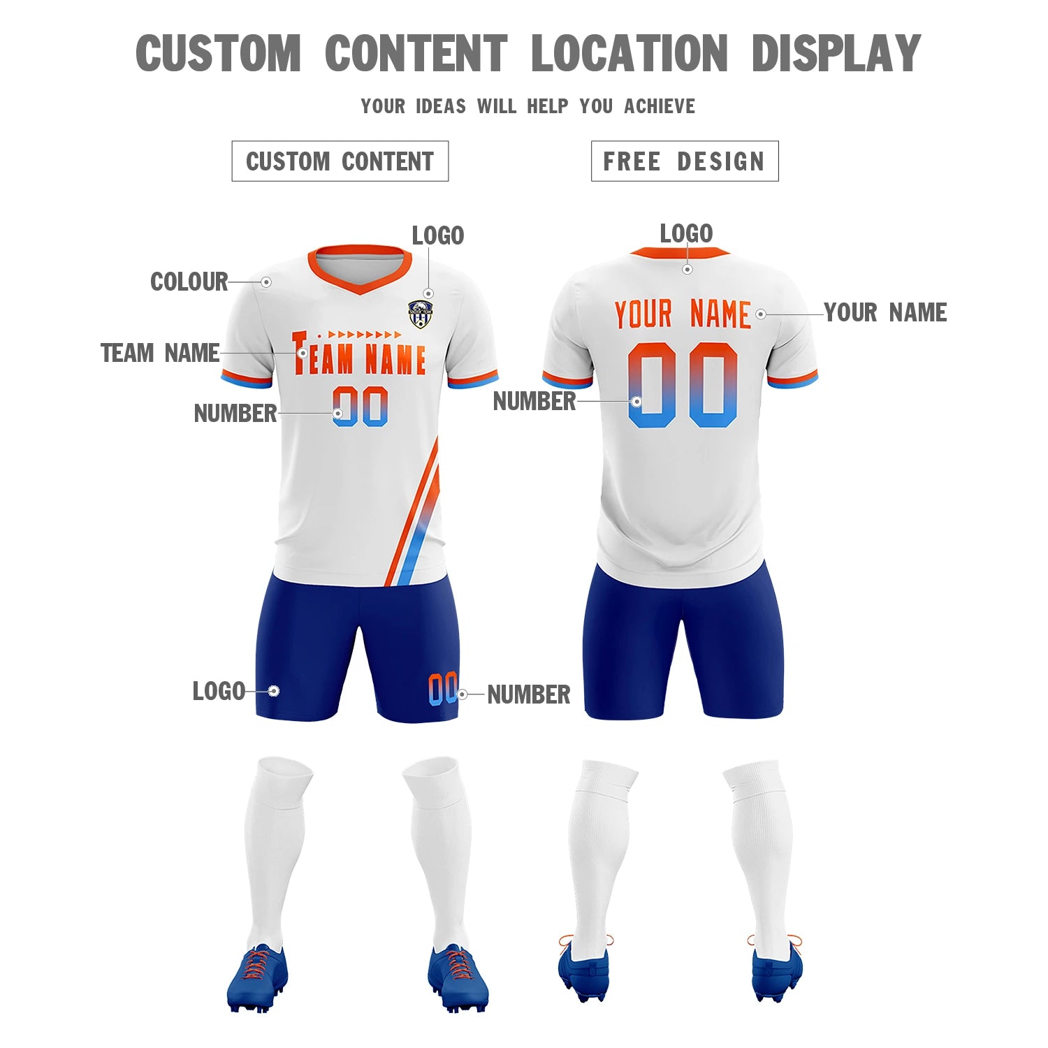 Custom White Orange-Powder Blue Gradient Fashion Sportswear Soccer Sets Jersey