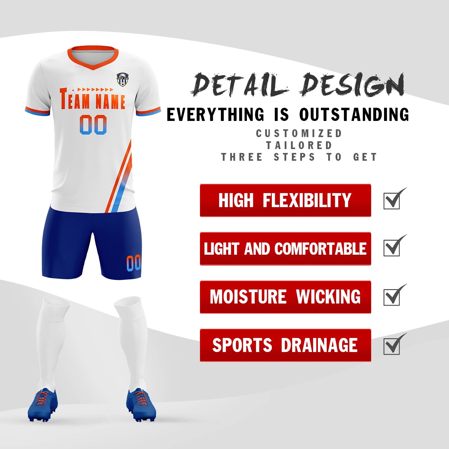 Custom White Orange-Powder Blue Gradient Fashion Sportswear Soccer Sets Jersey