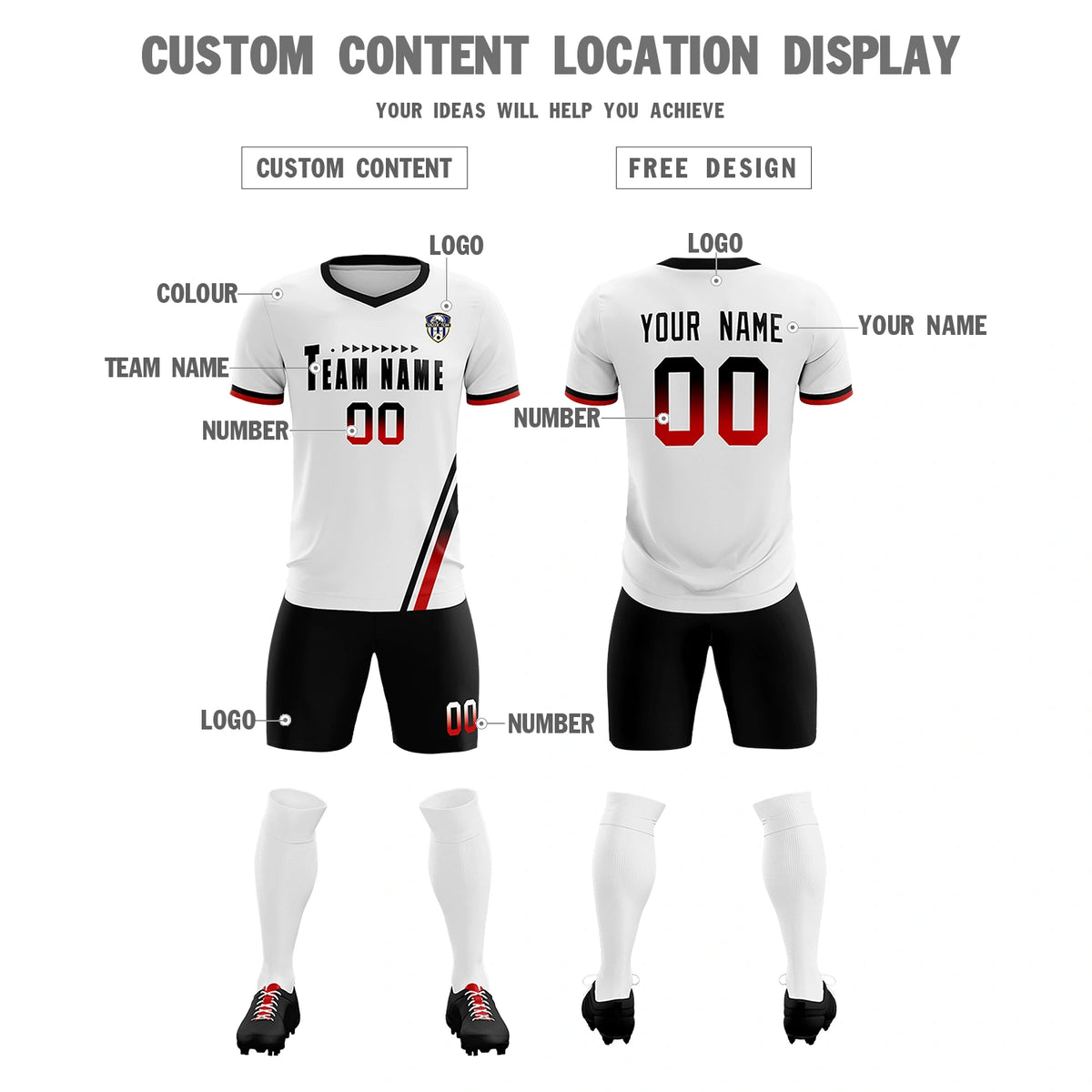 Custom White Black-Red Gradient Fashion Sportswear Soccer Sets Jersey