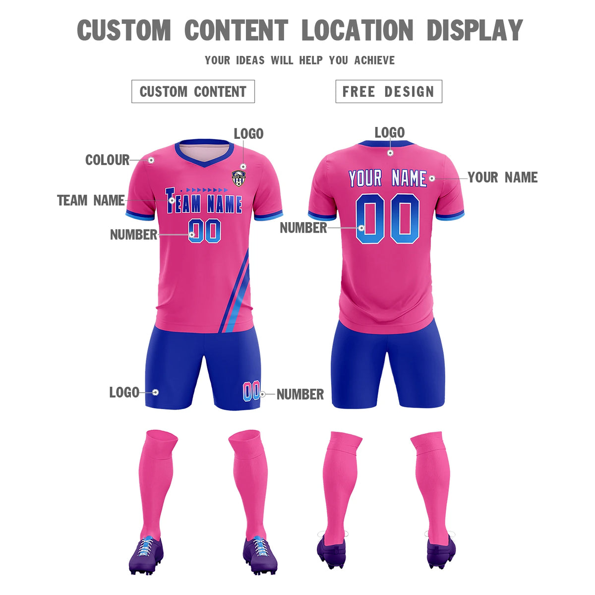 Custom Pink Royal Blue-Powder Blue Gradient Fashion Sportswear Soccer Sets Jersey