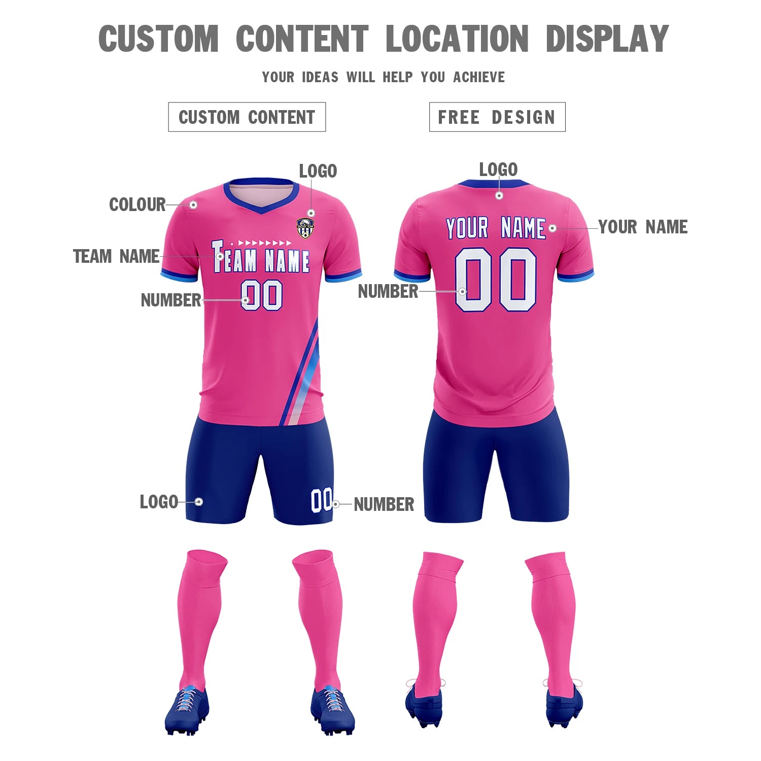 Custom Pink Royal Blue-Powder Blue Gradient Fashion Sportswear Soccer Sets Jersey