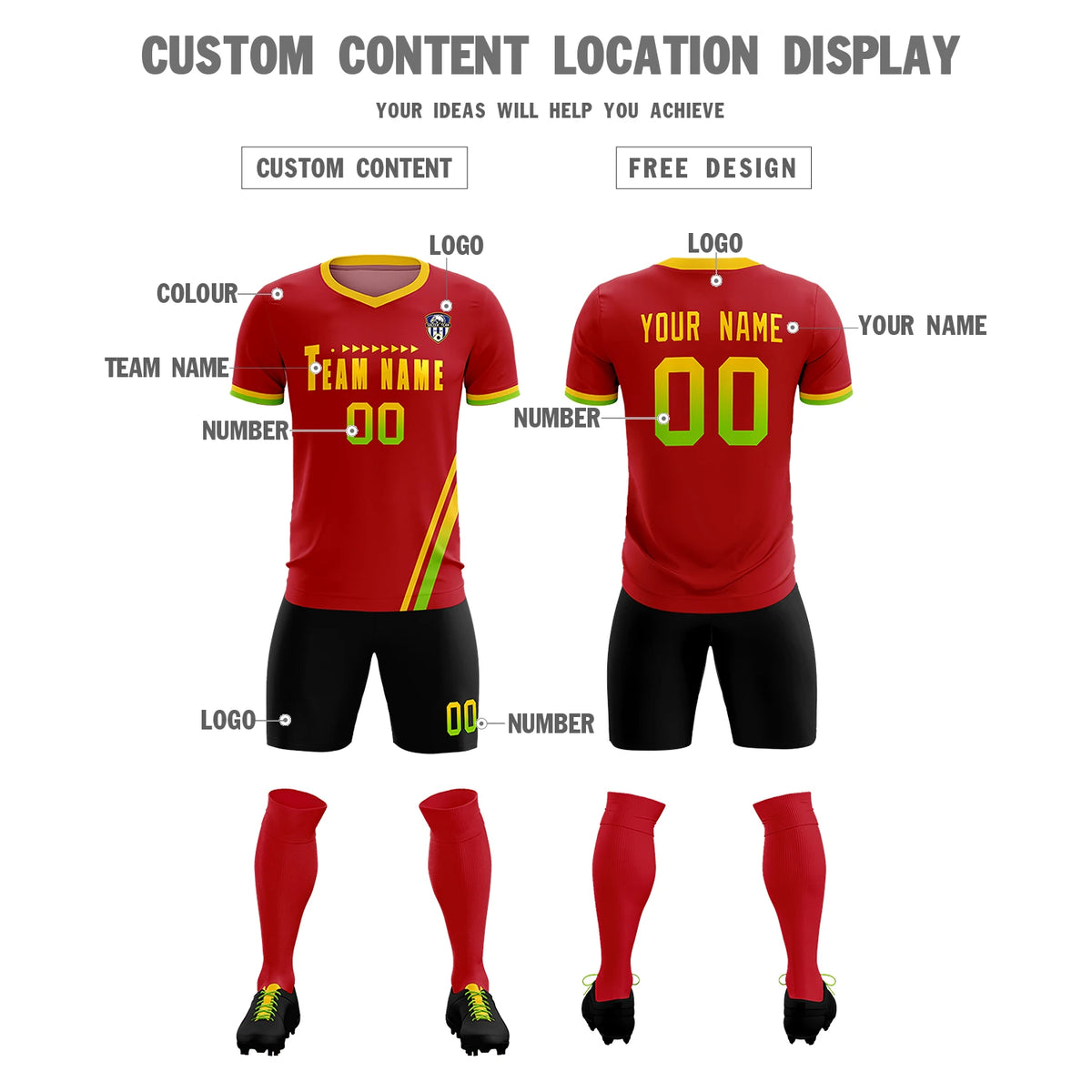 Custom Red Gold01-Neon Green Gradient Fashion Sportswear Soccer Sets Jersey