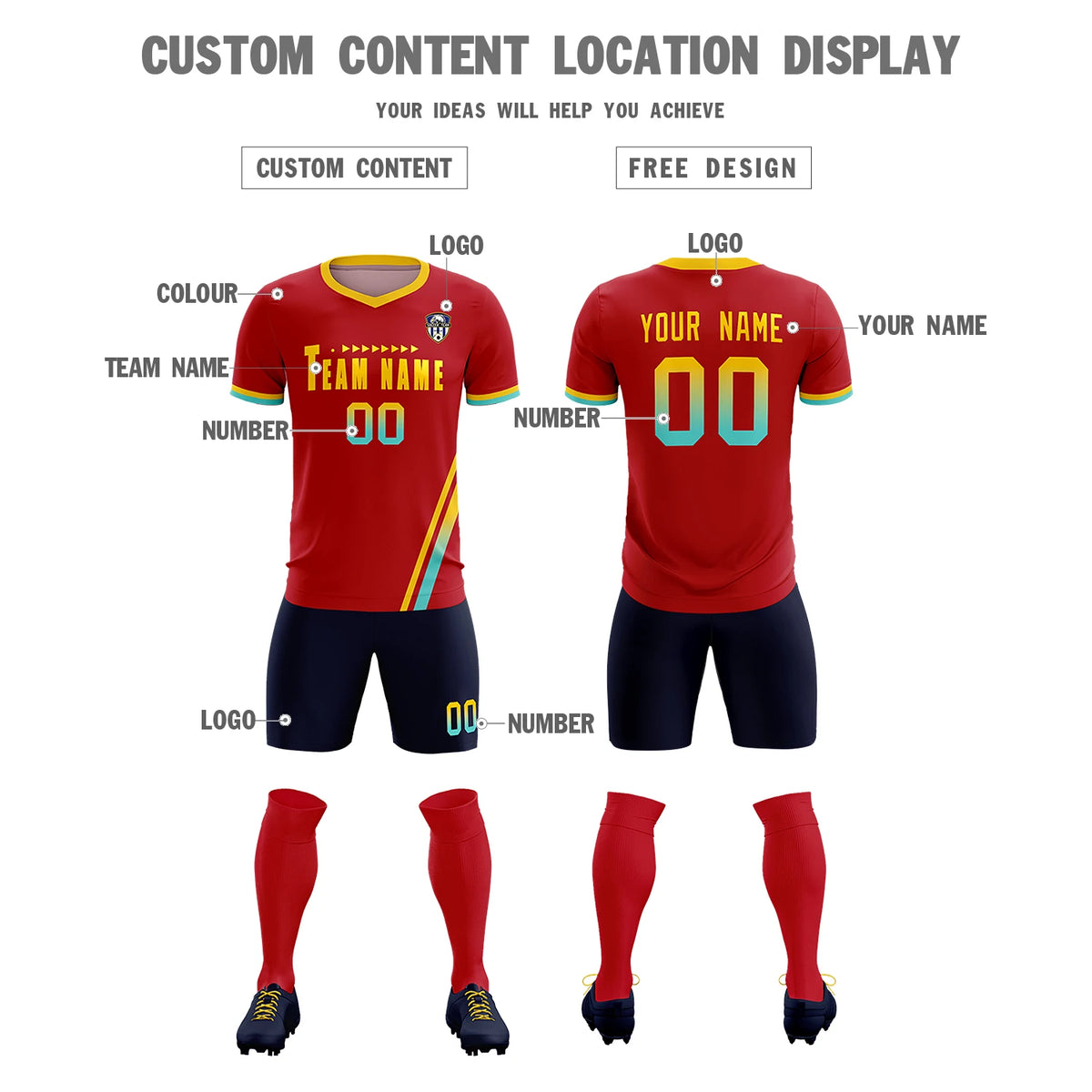 Custom Red Gold01-Aqua Gradient Fashion Sportswear Soccer Sets Jersey