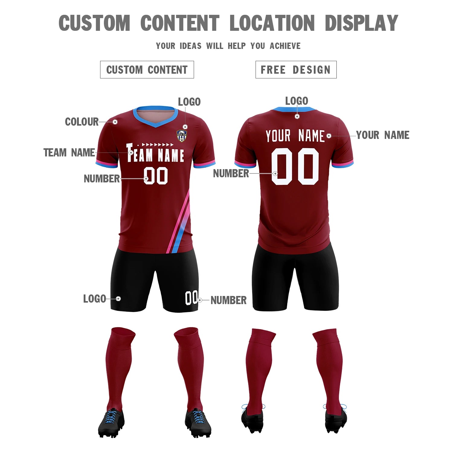 Custom Crimson Pink-Powder Blue Gradient Fashion Sportswear Soccer Sets Jersey