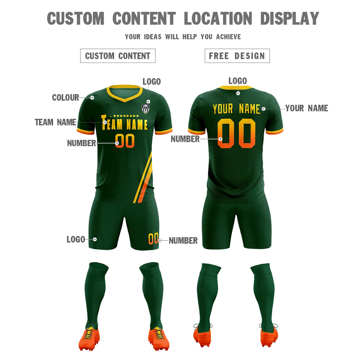 Custom Green Gold01-Orange Gradient Fashion Sportswear Soccer Sets Jersey