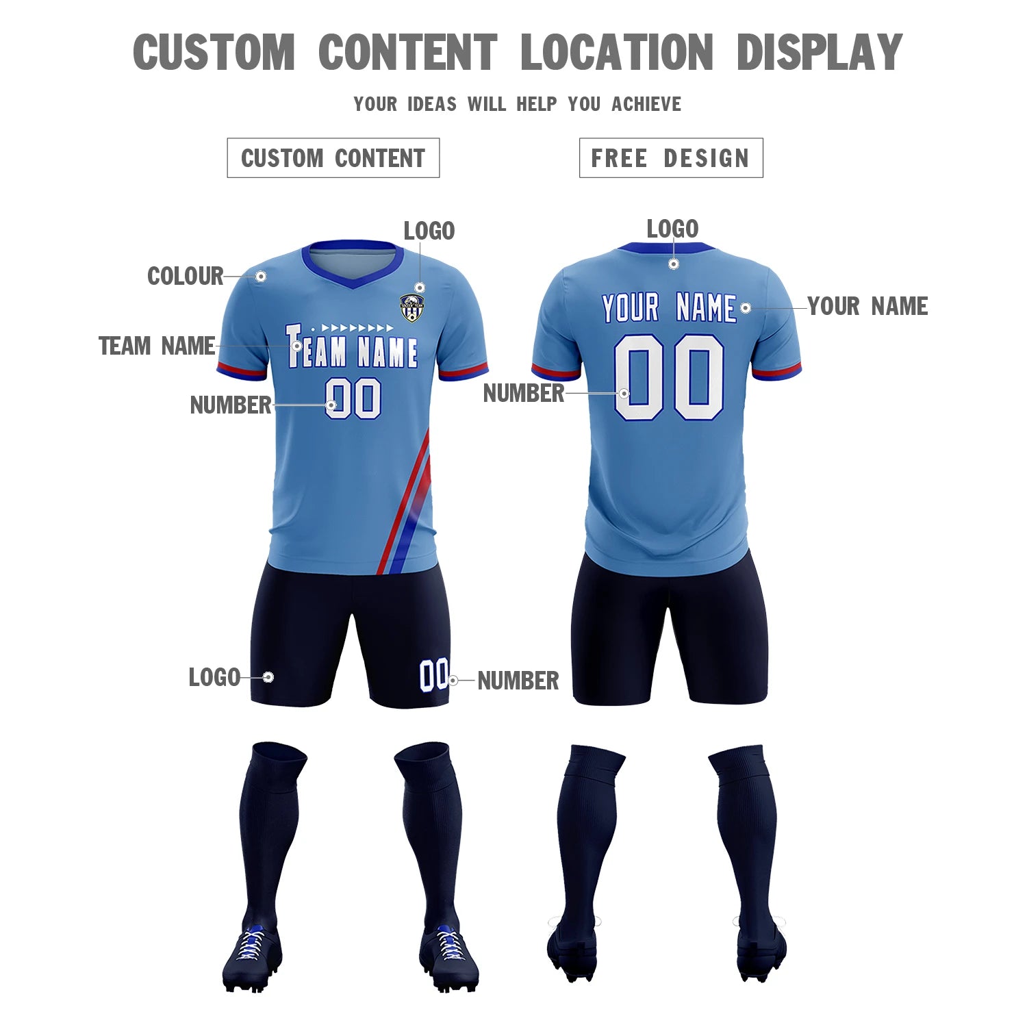 Custom Light Blue Red-Royal Blue Gradient Fashion Sportswear Soccer Sets Jersey