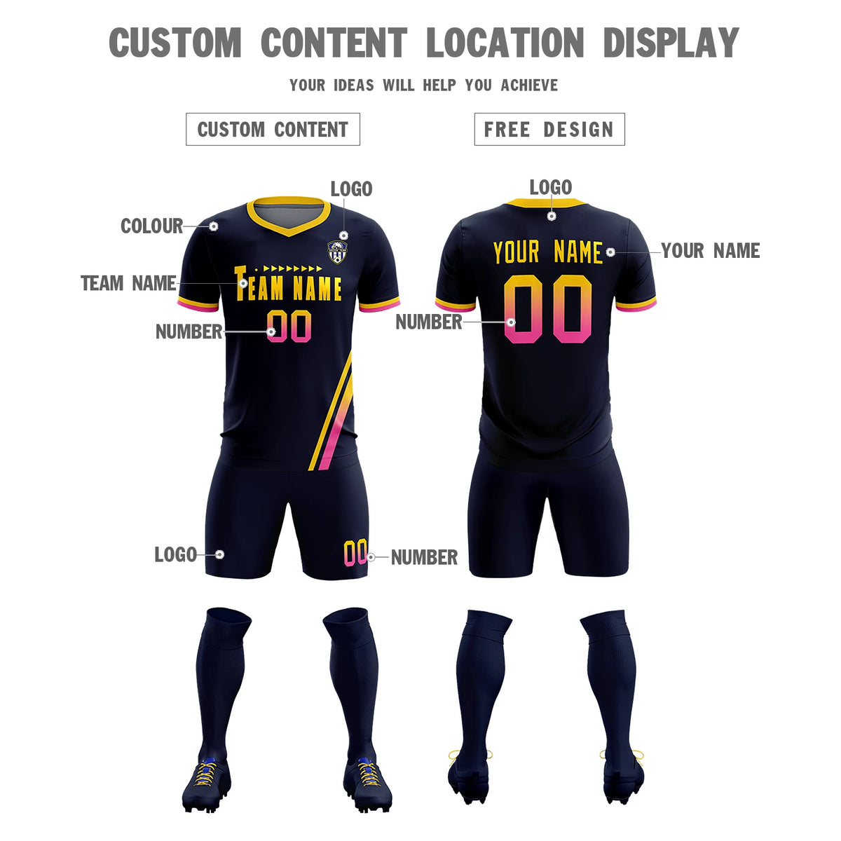 Custom Navy Gold01-Pink Gradient Fashion Sportswear Soccer Sets Jersey