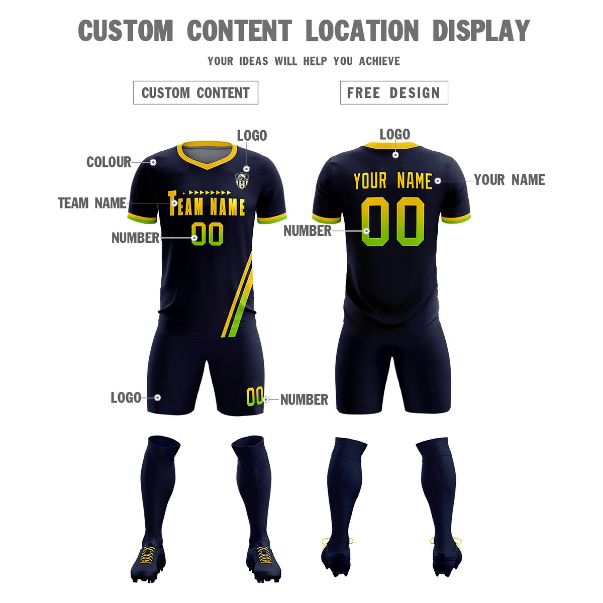 Custom Navy Gold01-Neon Green Gradient Fashion Sportswear Soccer Sets Jersey