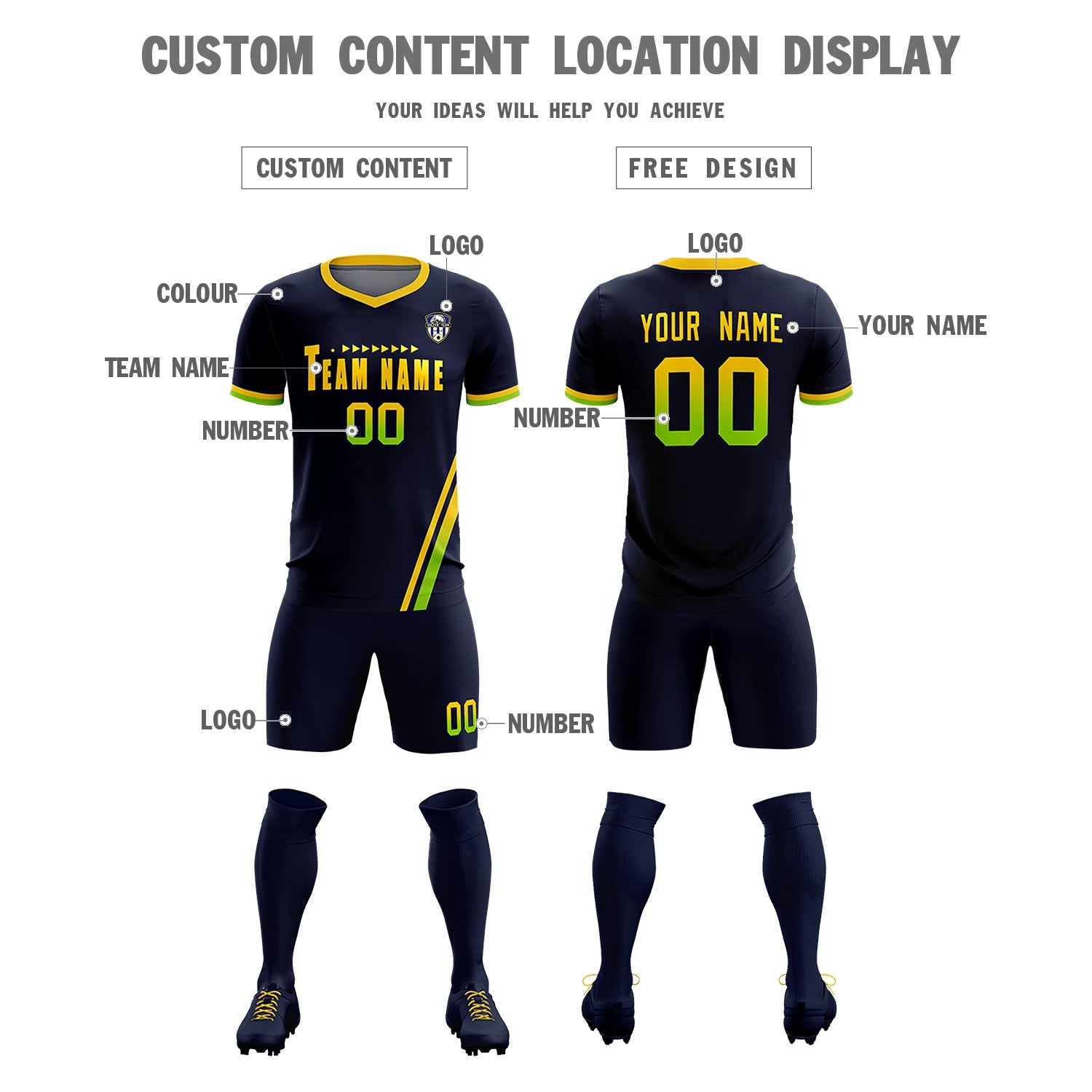Custom Navy Gold01-Neon Green Gradient Fashion Sportswear Soccer Sets Jersey