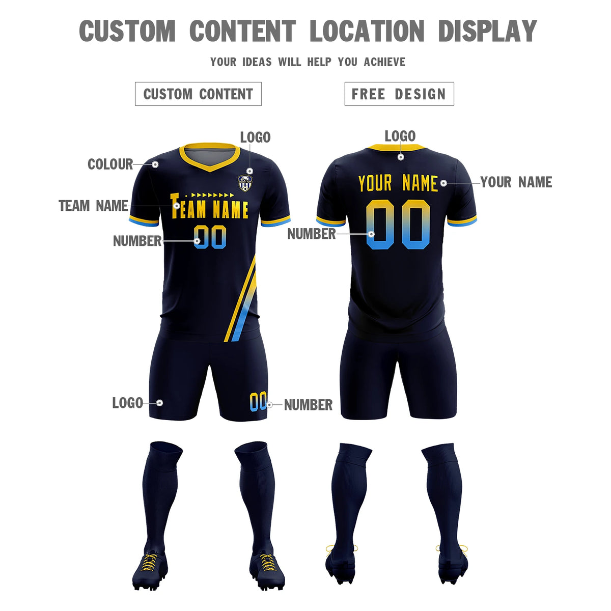 Custom Navy Gold01-Powder Blue Gradient Fashion Sportswear Soccer Sets Jersey