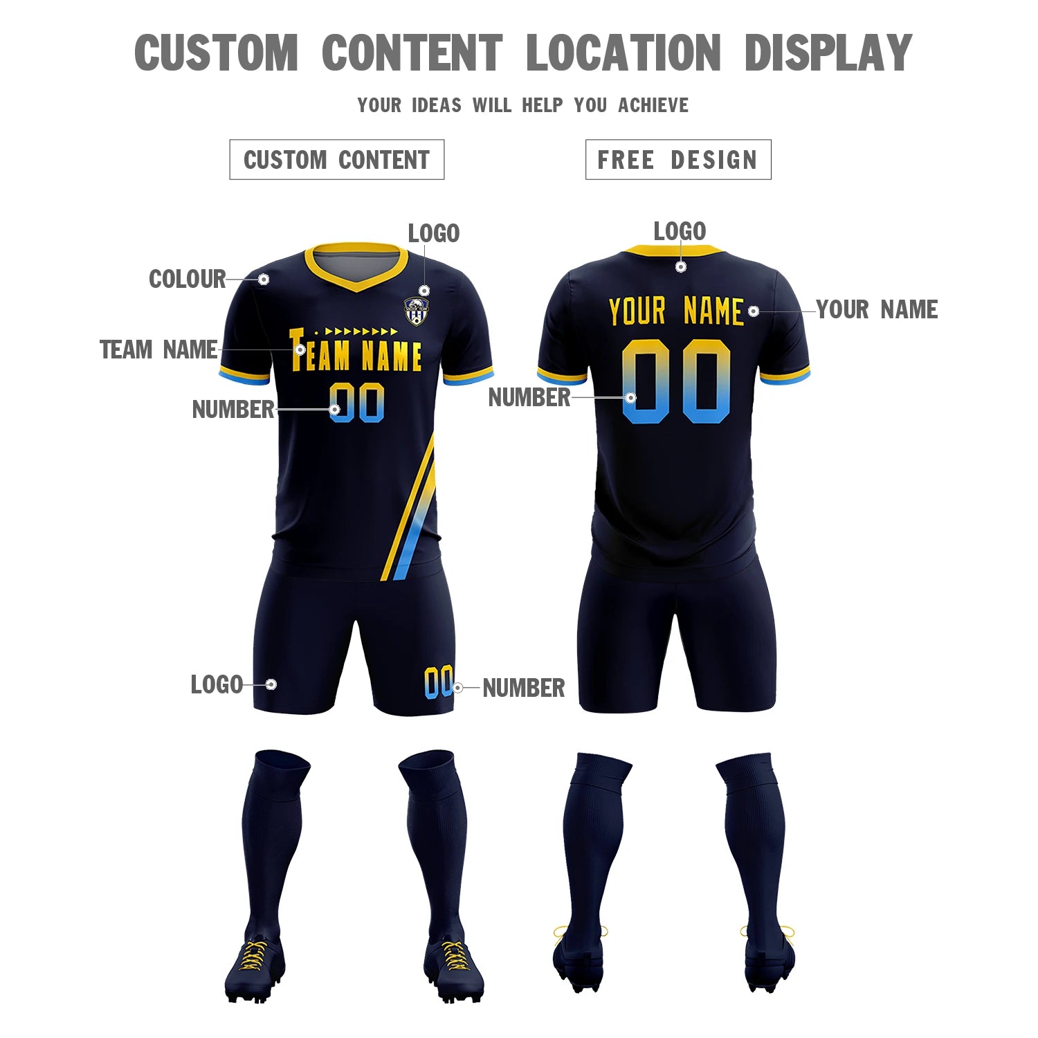 Custom Navy Gold01-Powder Blue Gradient Fashion Sportswear Soccer Sets Jersey