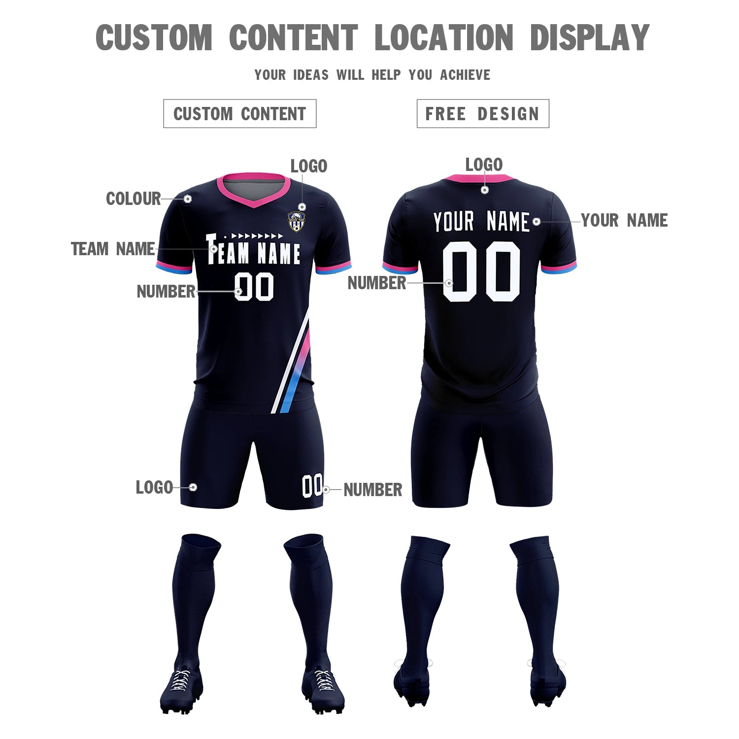 Custom Navy White-Pink Gradient Fashion Sportswear Soccer Sets Jersey