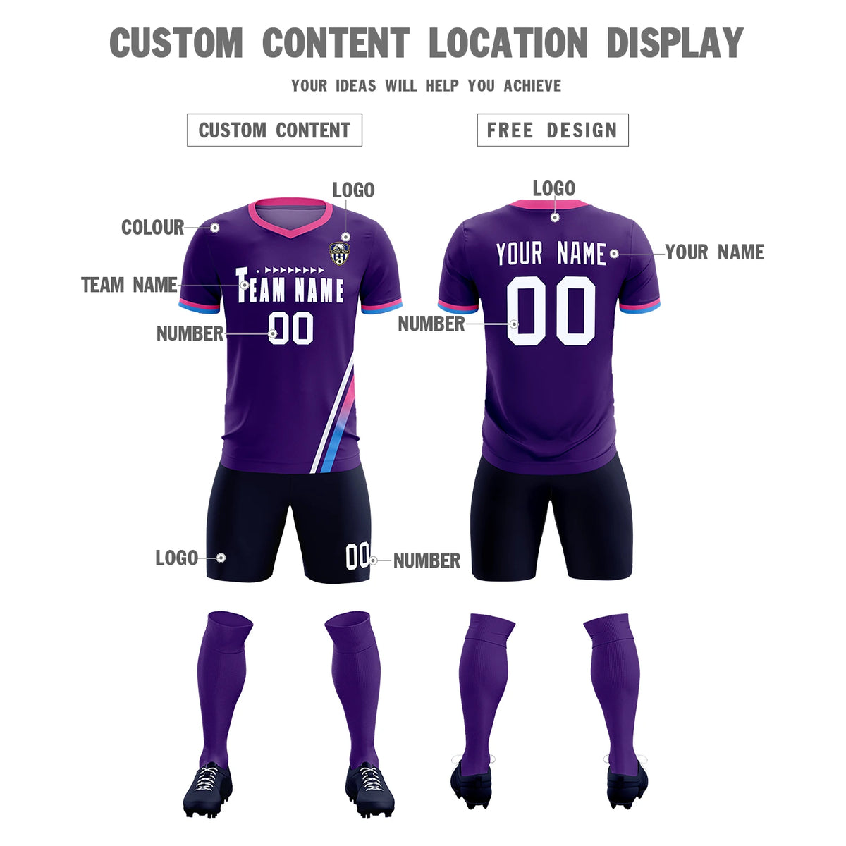 Custom Purple White-Pink Gradient Fashion Sportswear Soccer Sets Jersey