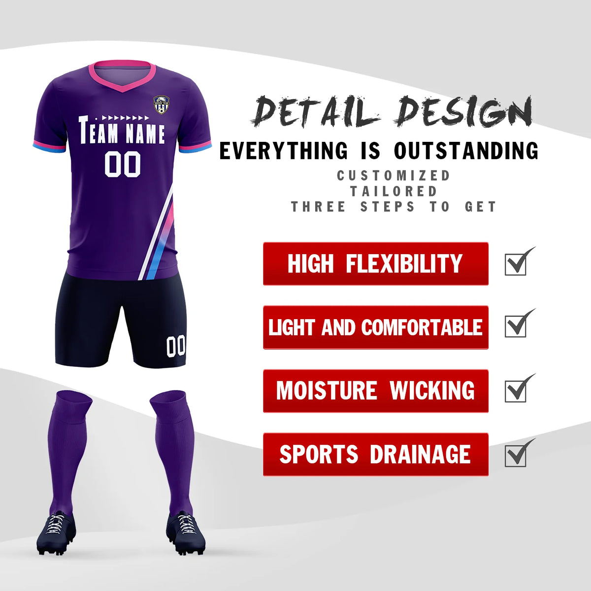 Custom Purple White-Pink Gradient Fashion Sportswear Soccer Sets Jersey