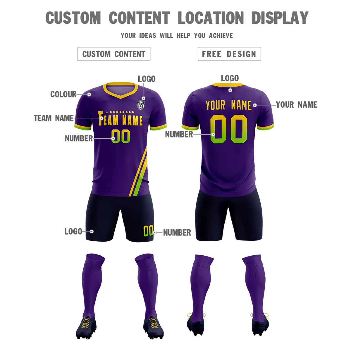 Custom Purple Gold01-Neon Green Gradient Fashion Sportswear Soccer Sets Jersey