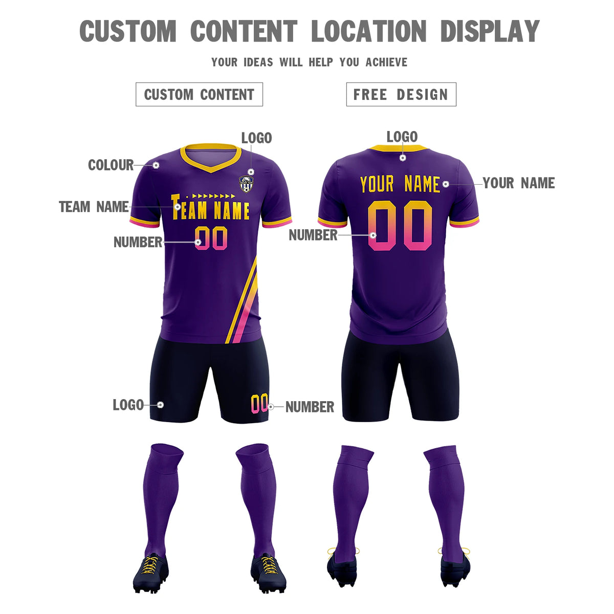 Custom Purple Gold01-Pink Gradient Fashion Sportswear Soccer Sets Jersey