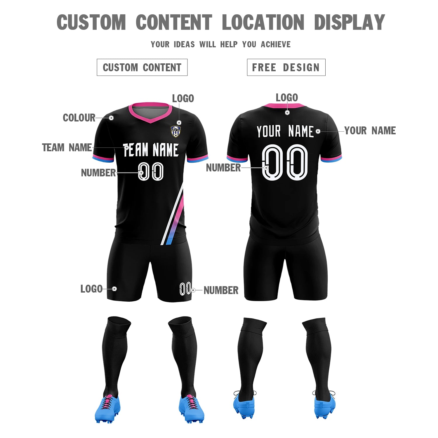 Custom Black White-Pink Gradient Fashion Sportswear Soccer Sets Jersey