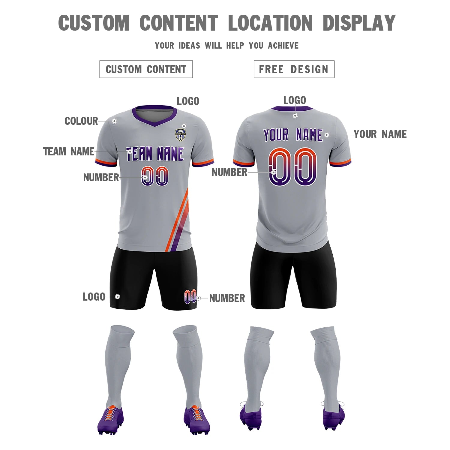 Custom Gray Orange-Purple Gradient Fashion Sportswear Soccer Sets Jersey