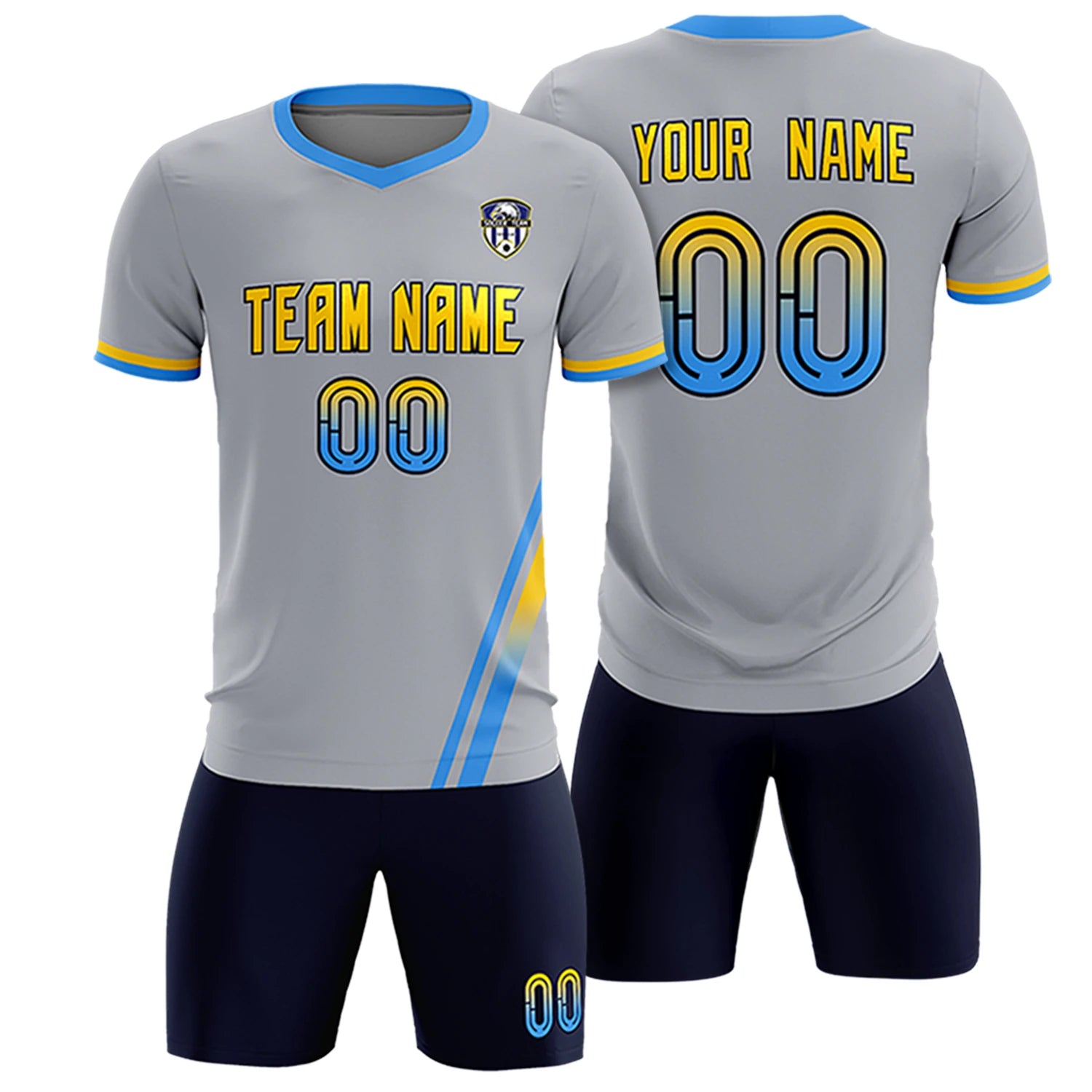 Custom Gray Powder Blue-Gold01 Gradient Fashion Sportswear Soccer Sets Jersey