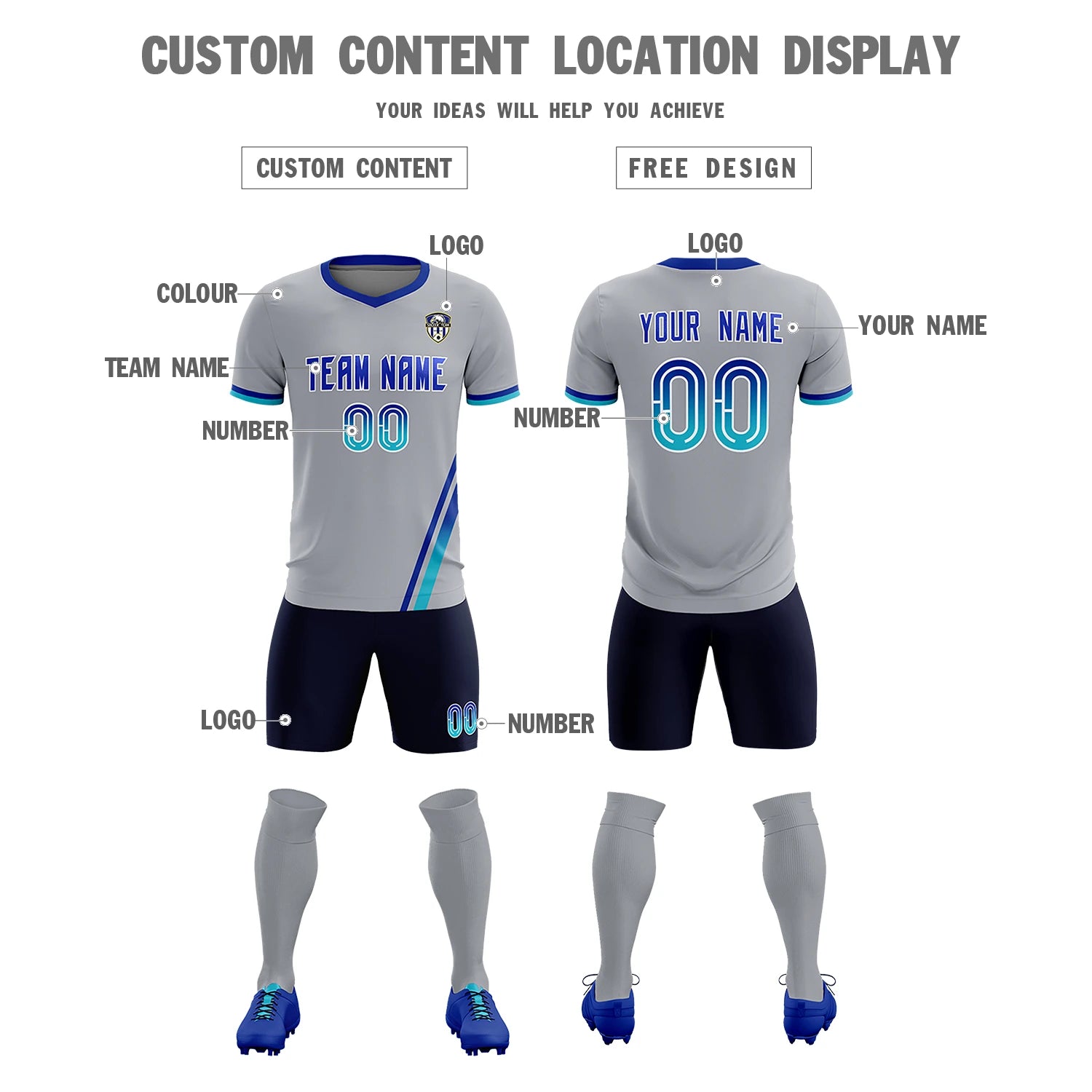 Custom Gray Royal Blue-Sky Blue Gradient Fashion Sportswear Soccer Sets Jersey