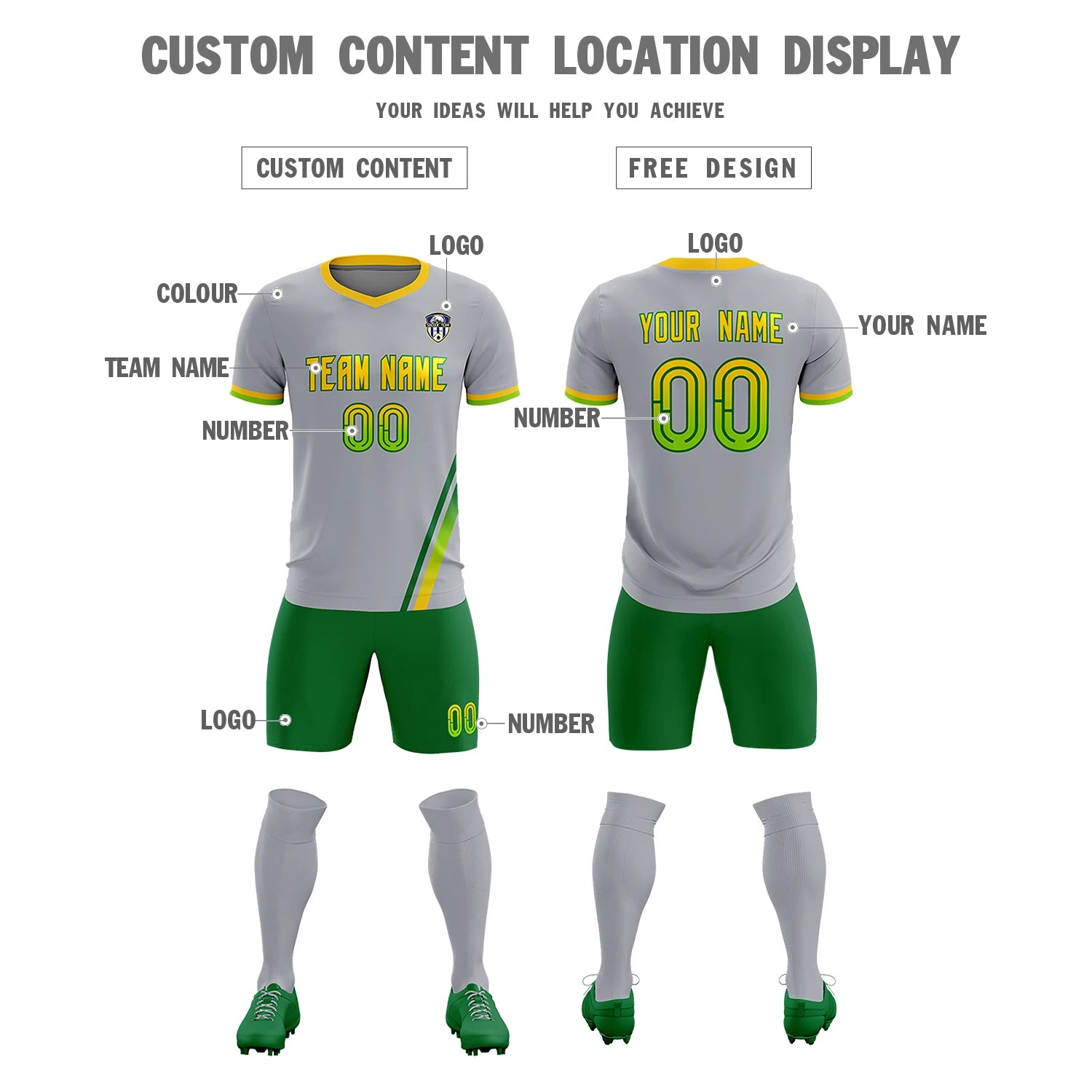 Custom Gray Kelly Green-Neon Green Gradient Fashion Sportswear Soccer Sets Jersey