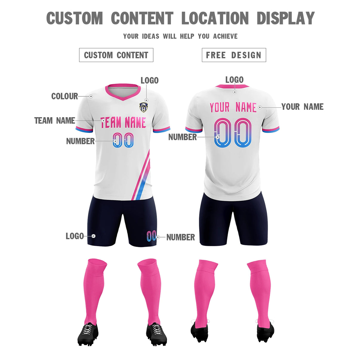 Custom White Pink-Powder Blue Gradient Fashion Sportswear Soccer Sets Jersey