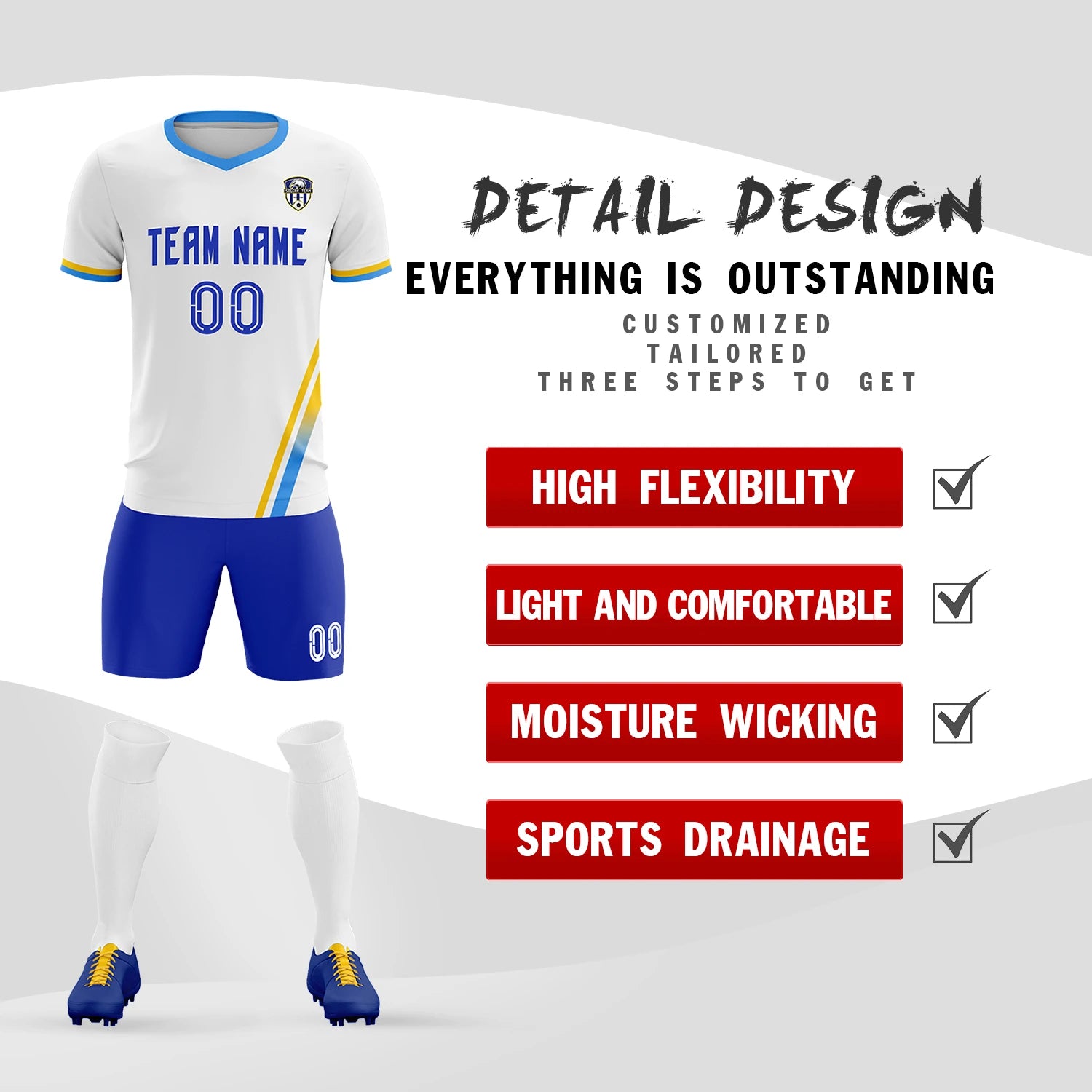 Custom White Gold01-Powder Blue Gradient Fashion Sportswear Soccer Sets Jersey