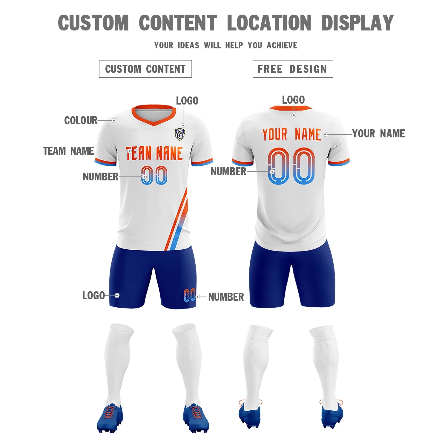 Custom White Orange-Powder Blue Gradient Fashion Sportswear Soccer Sets Jersey
