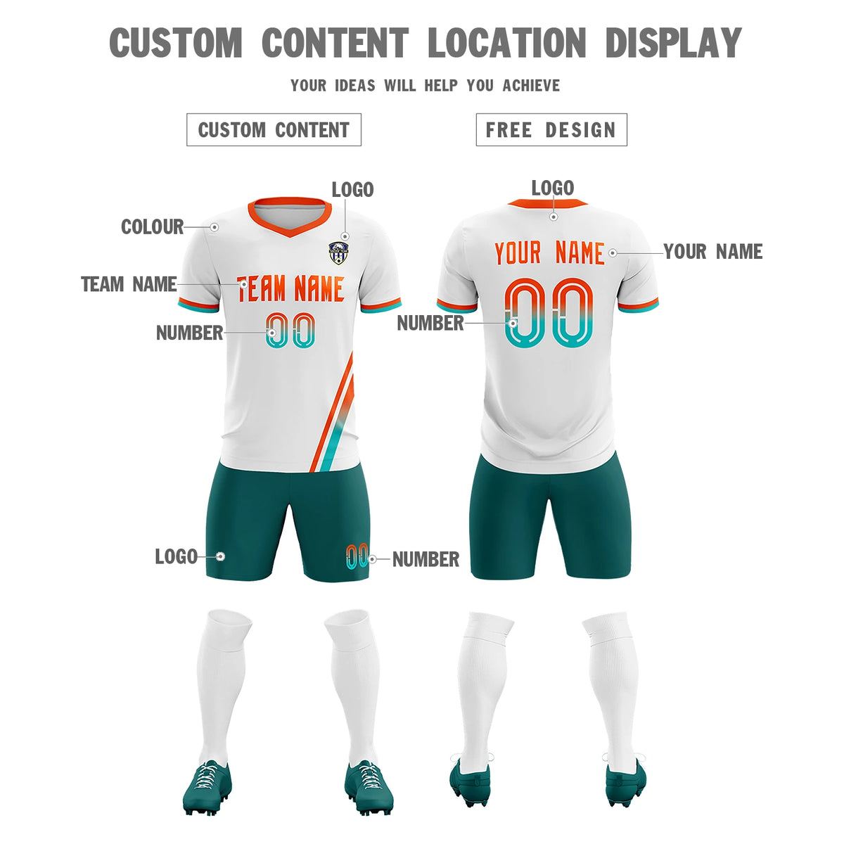 Custom White Orange-Bright Green Gradient Fashion Sportswear Soccer Sets Jersey