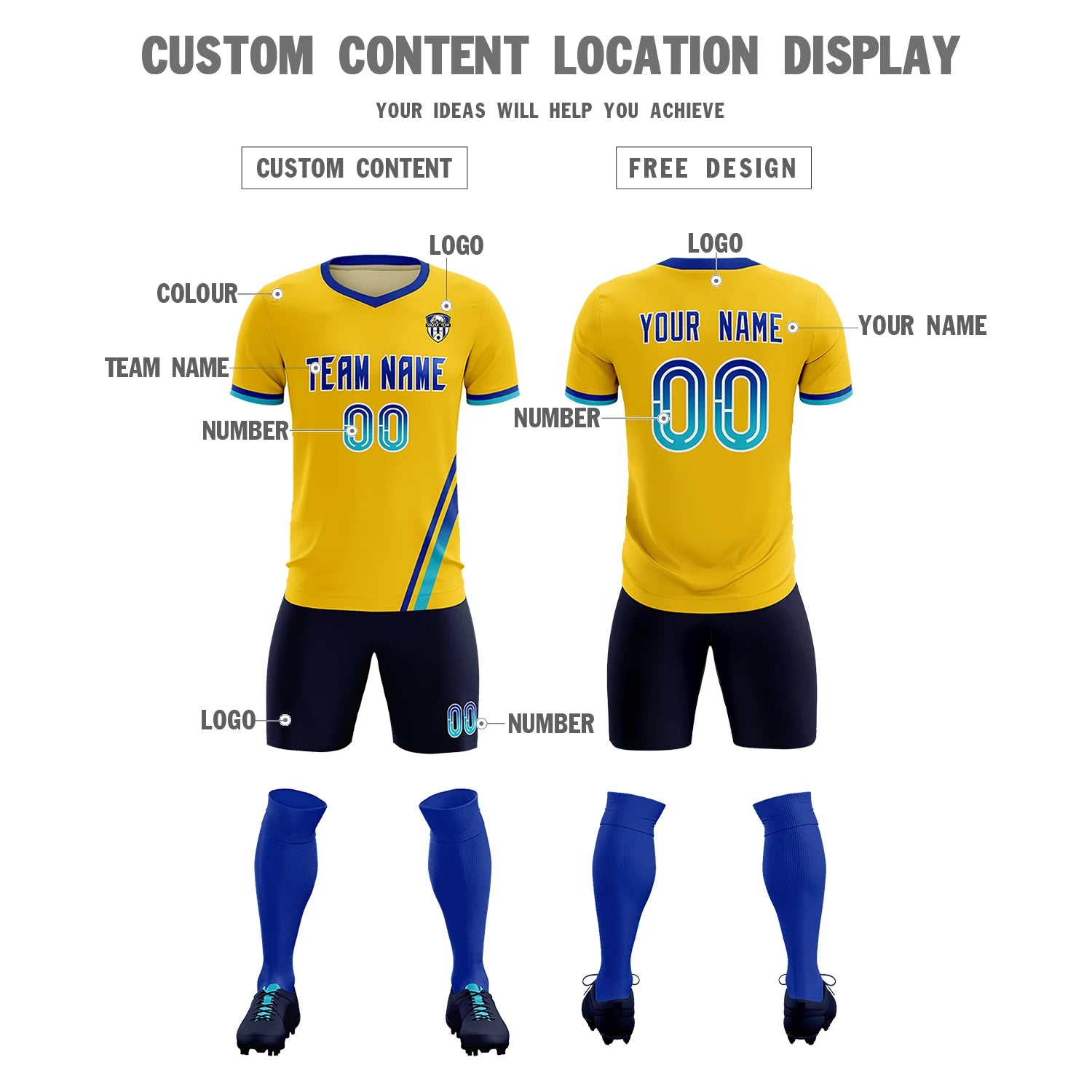 Custom Gold01 Royal Blue-Sky Blue Gradient Fashion Sportswear Soccer Sets Jersey