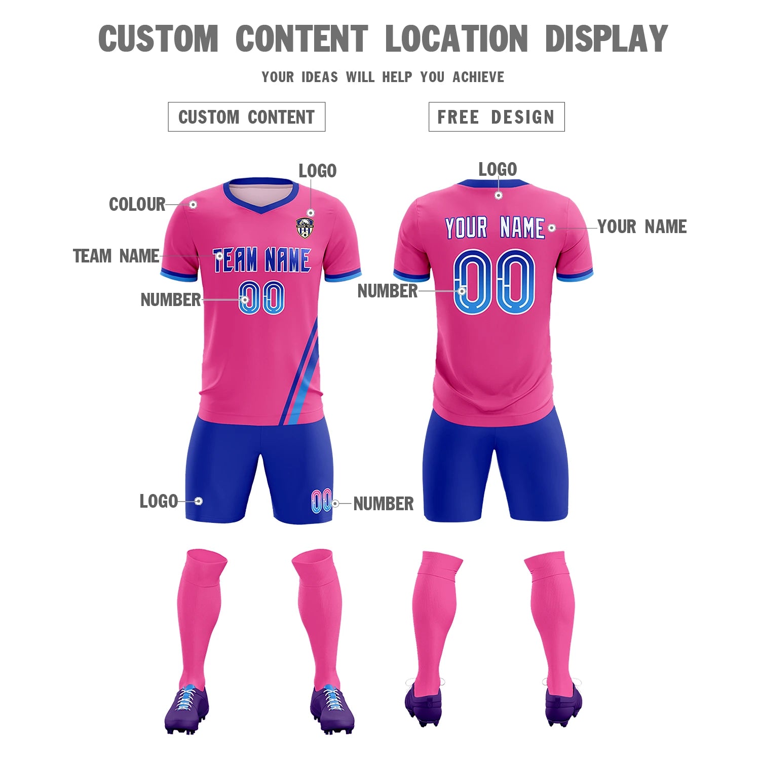 Custom Pink Royal Blue-Powder Blue Gradient Fashion Sportswear Soccer Sets Jersey