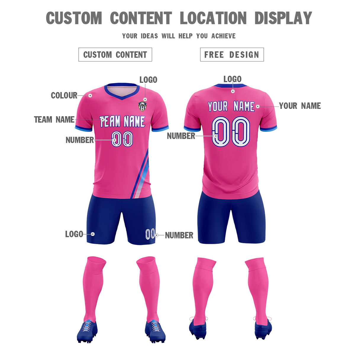 Custom Pink Royal Blue-Powder Blue Gradient Fashion Sportswear Soccer Sets Jersey