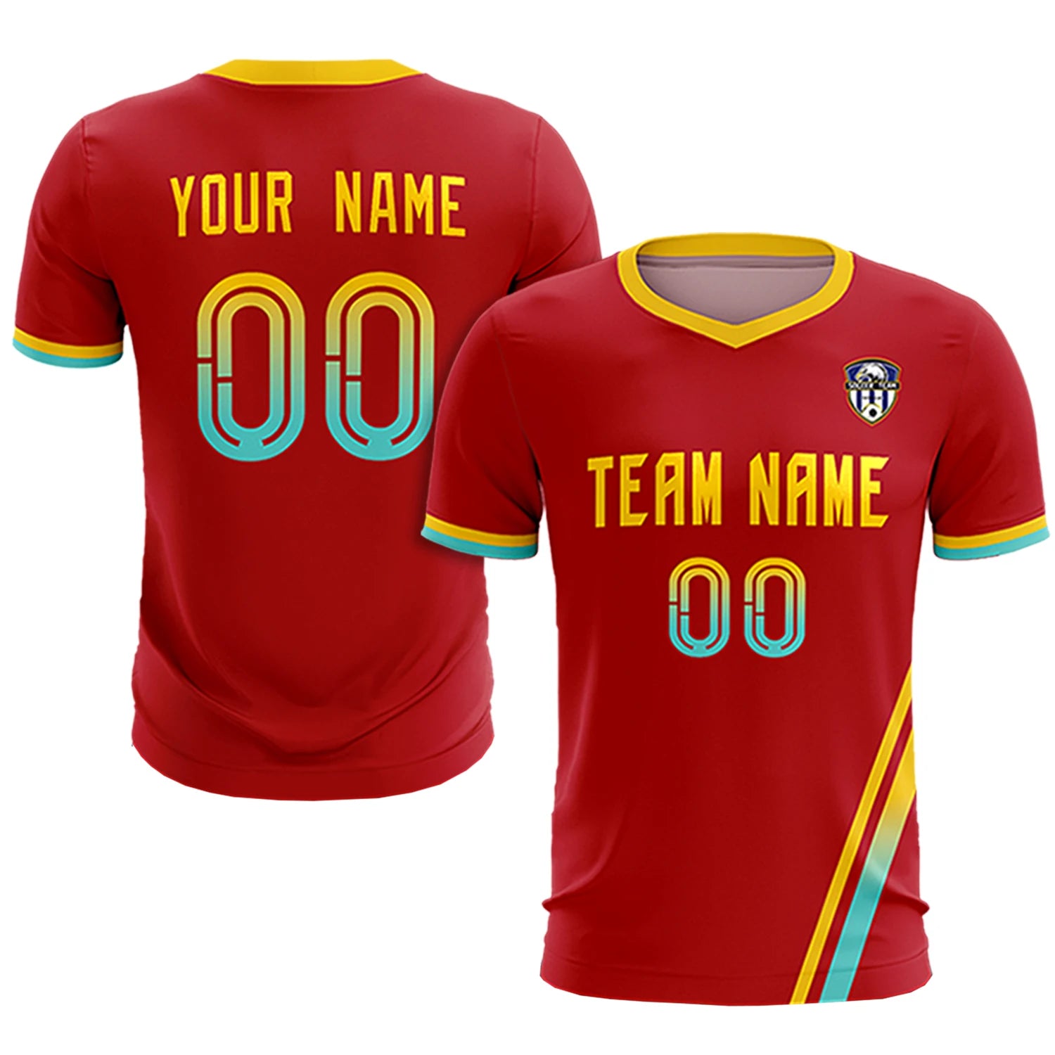 Custom Red Gold01-Aqua Gradient Fashion Sportswear Soccer Sets Jersey