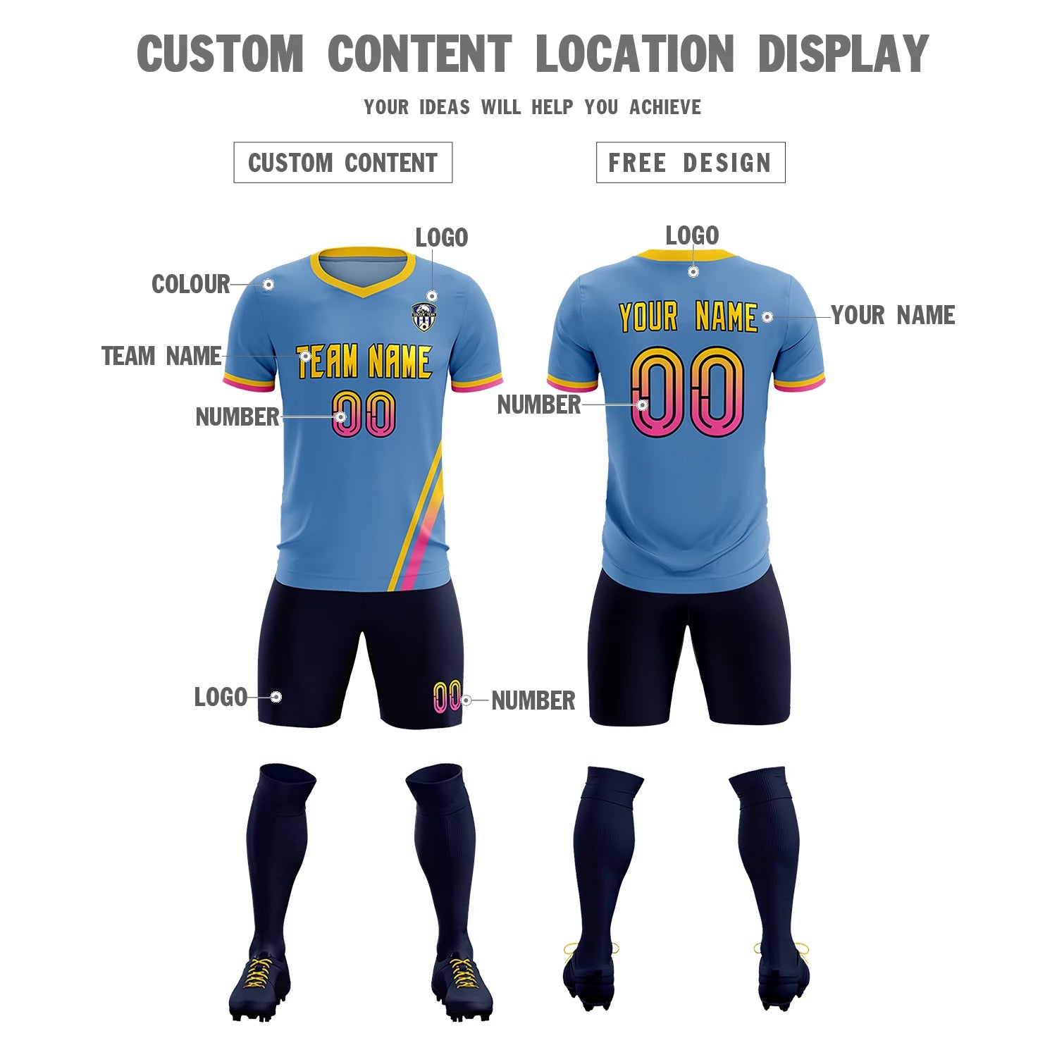 Custom Light Blue Gold01-Pink Gradient Fashion Sportswear Soccer Sets Jersey