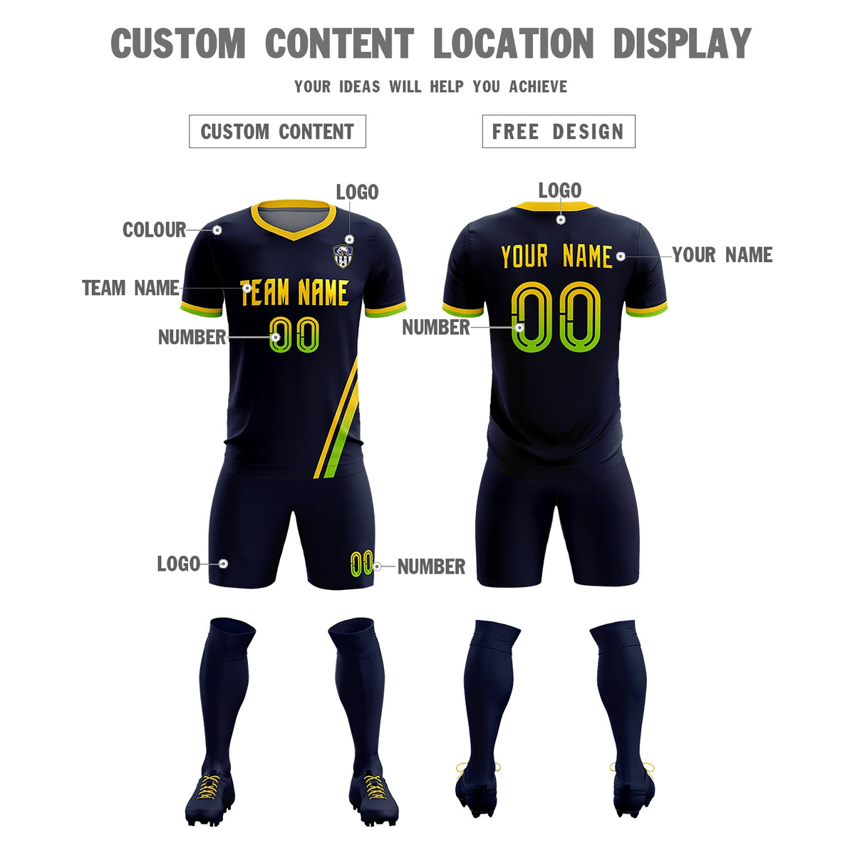 Custom Navy Gold01-Neon Green Gradient Fashion Sportswear Soccer Sets Jersey