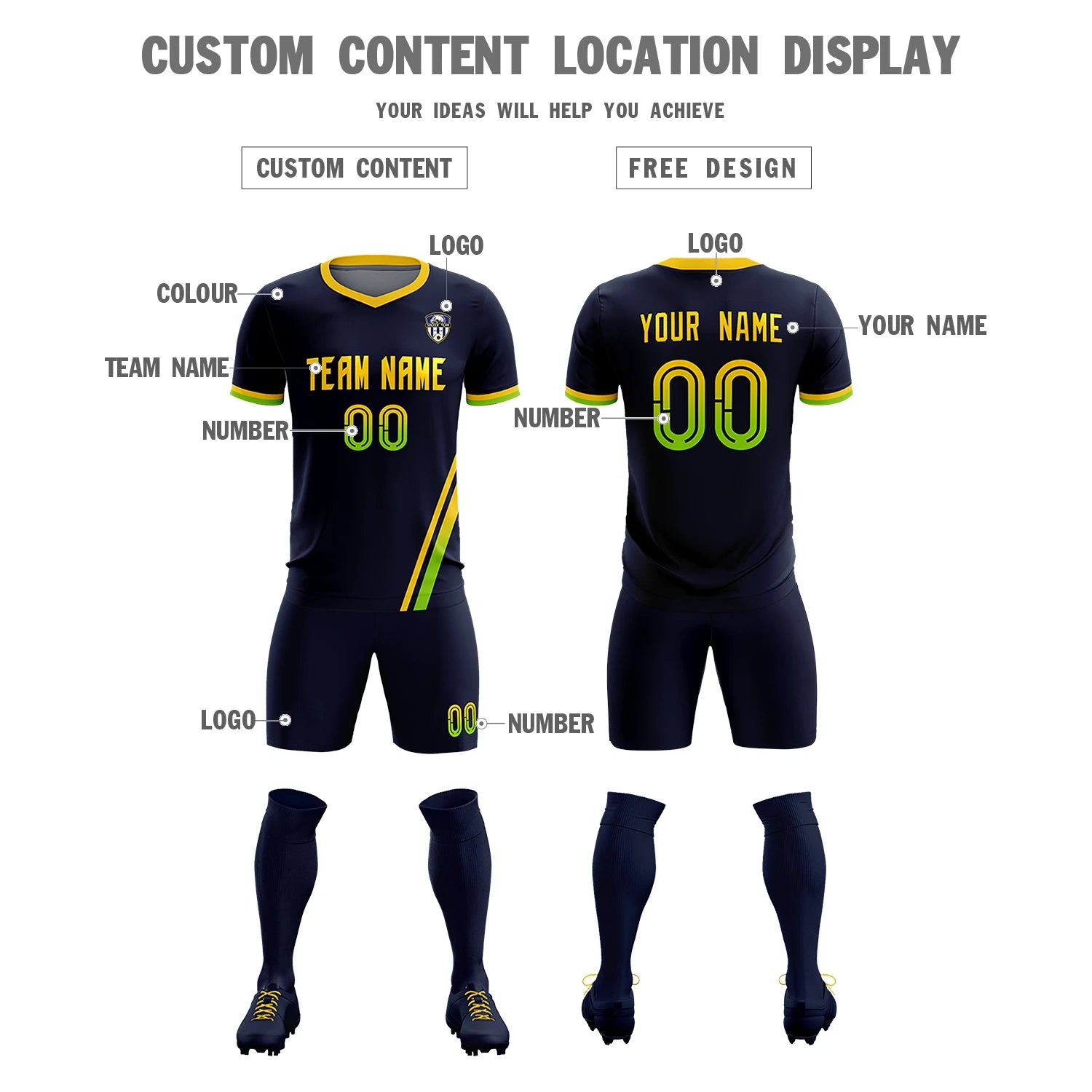 Custom Navy Gold01-Neon Green Gradient Fashion Sportswear Soccer Sets Jersey