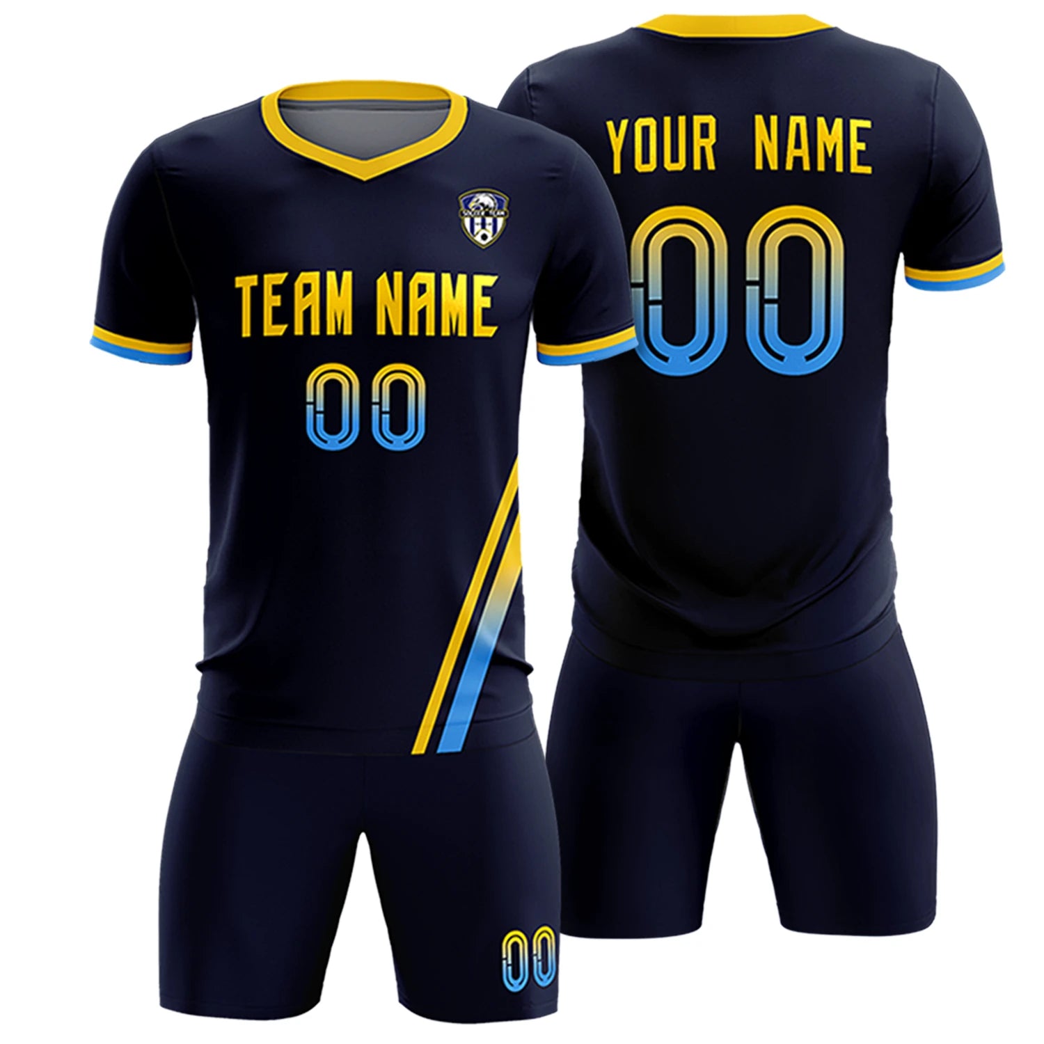 Custom Navy Gold01-Powder Blue Gradient Fashion Sportswear Soccer Sets Jersey