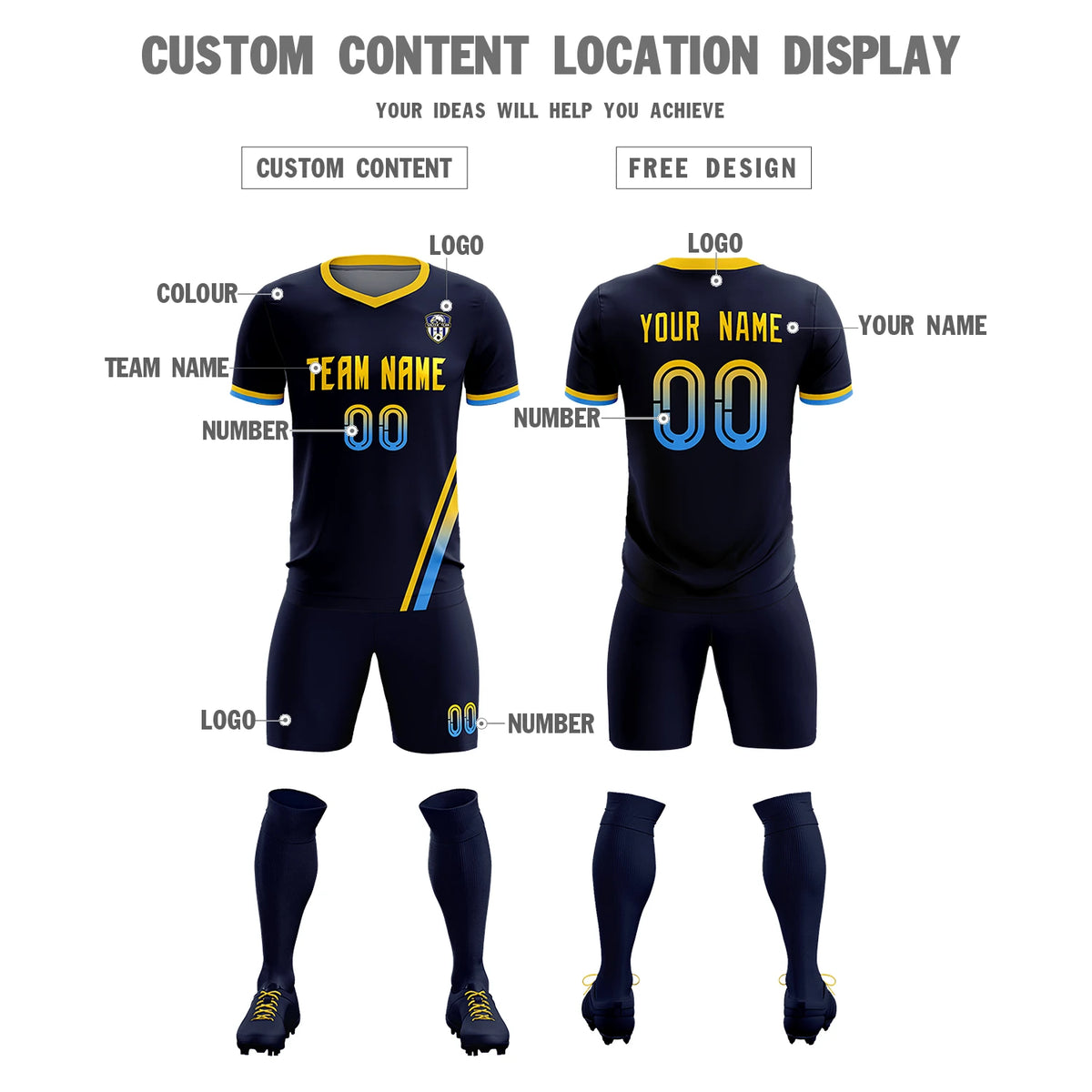 Custom Navy Gold01-Powder Blue Gradient Fashion Sportswear Soccer Sets Jersey