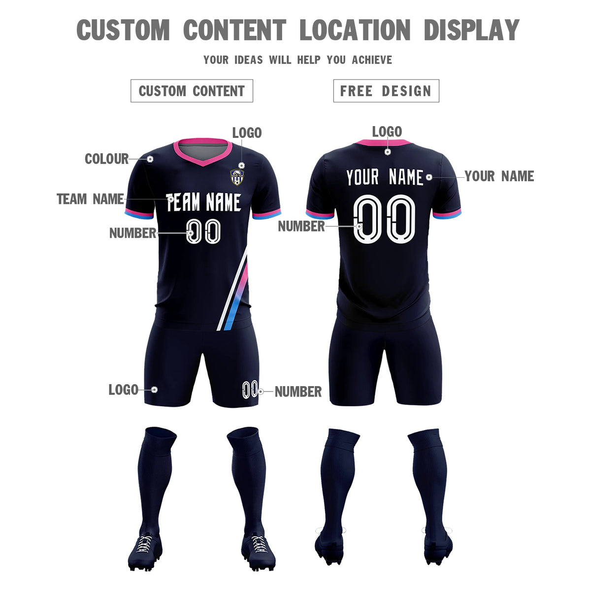 Custom Navy White-Pink Gradient Fashion Sportswear Soccer Sets Jersey