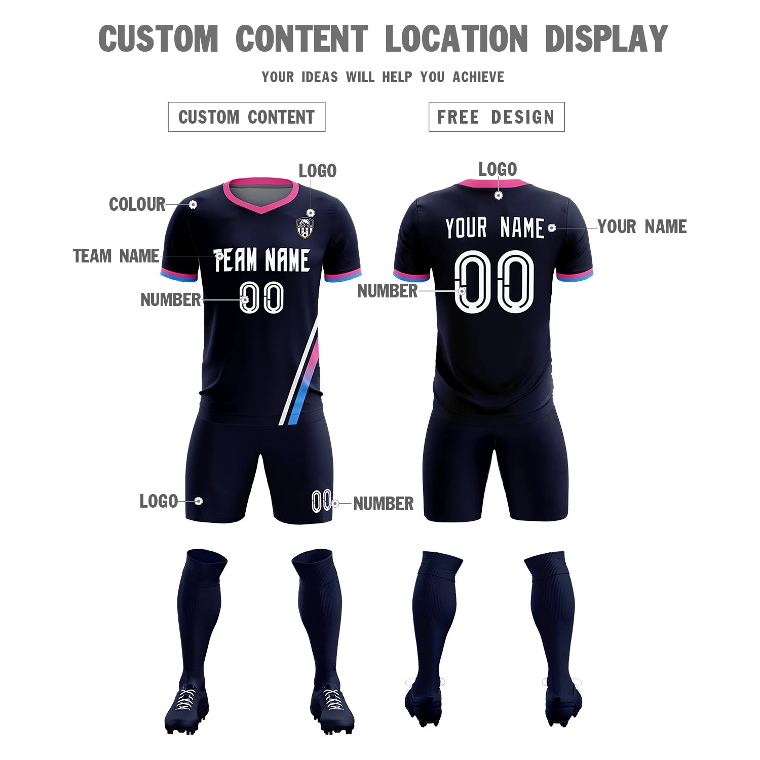 Custom Navy White-Pink Gradient Fashion Sportswear Soccer Sets Jersey