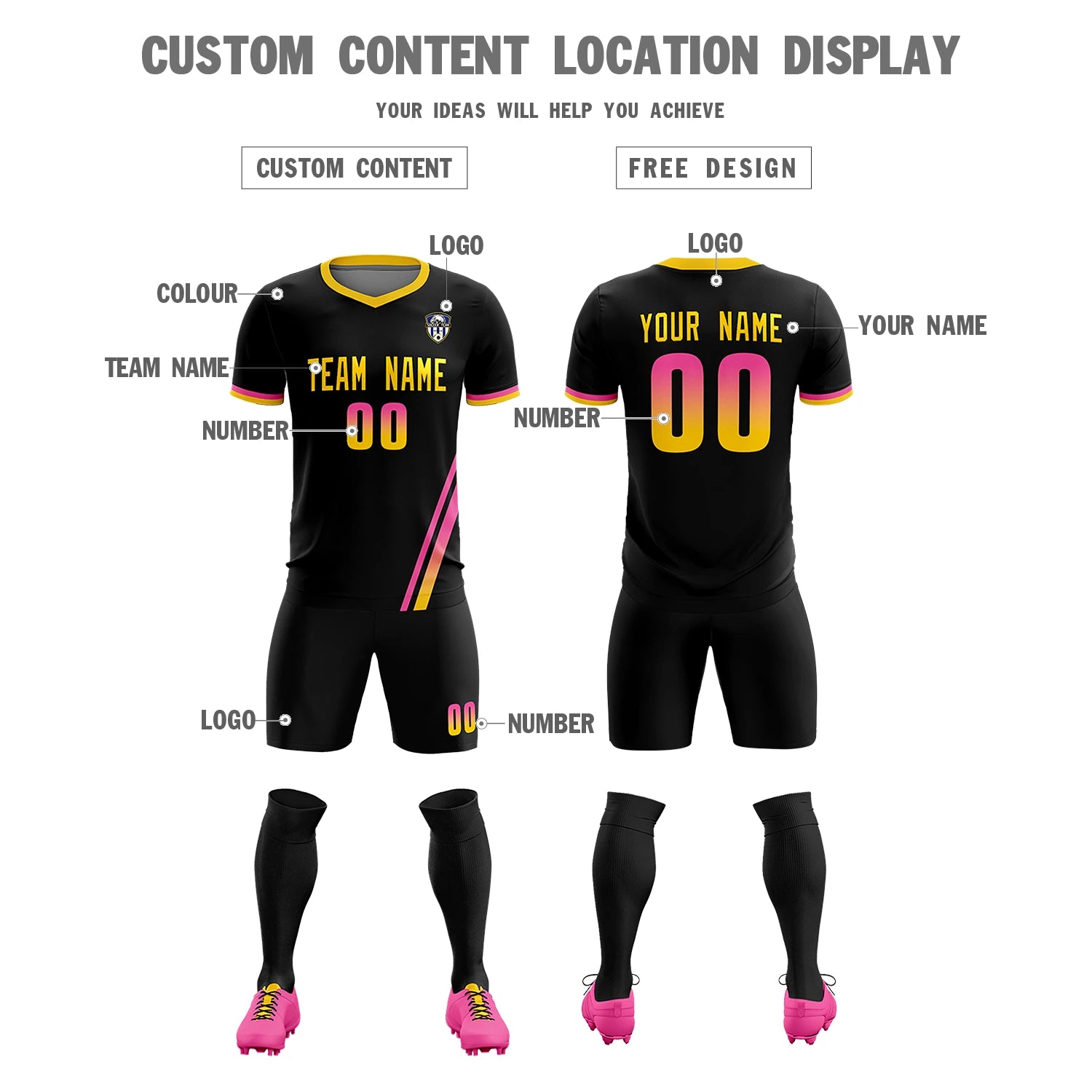 Custom Black Pink-Gold01 Gradient Fashion Sportswear Soccer Sets Jersey