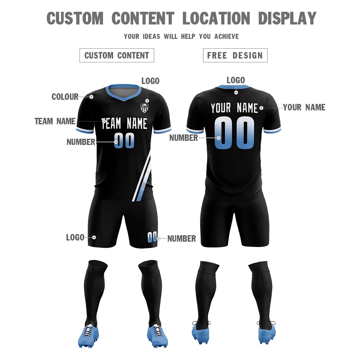 Custom Black White-Light Blue Gradient Fashion Sportswear Soccer Sets Jersey