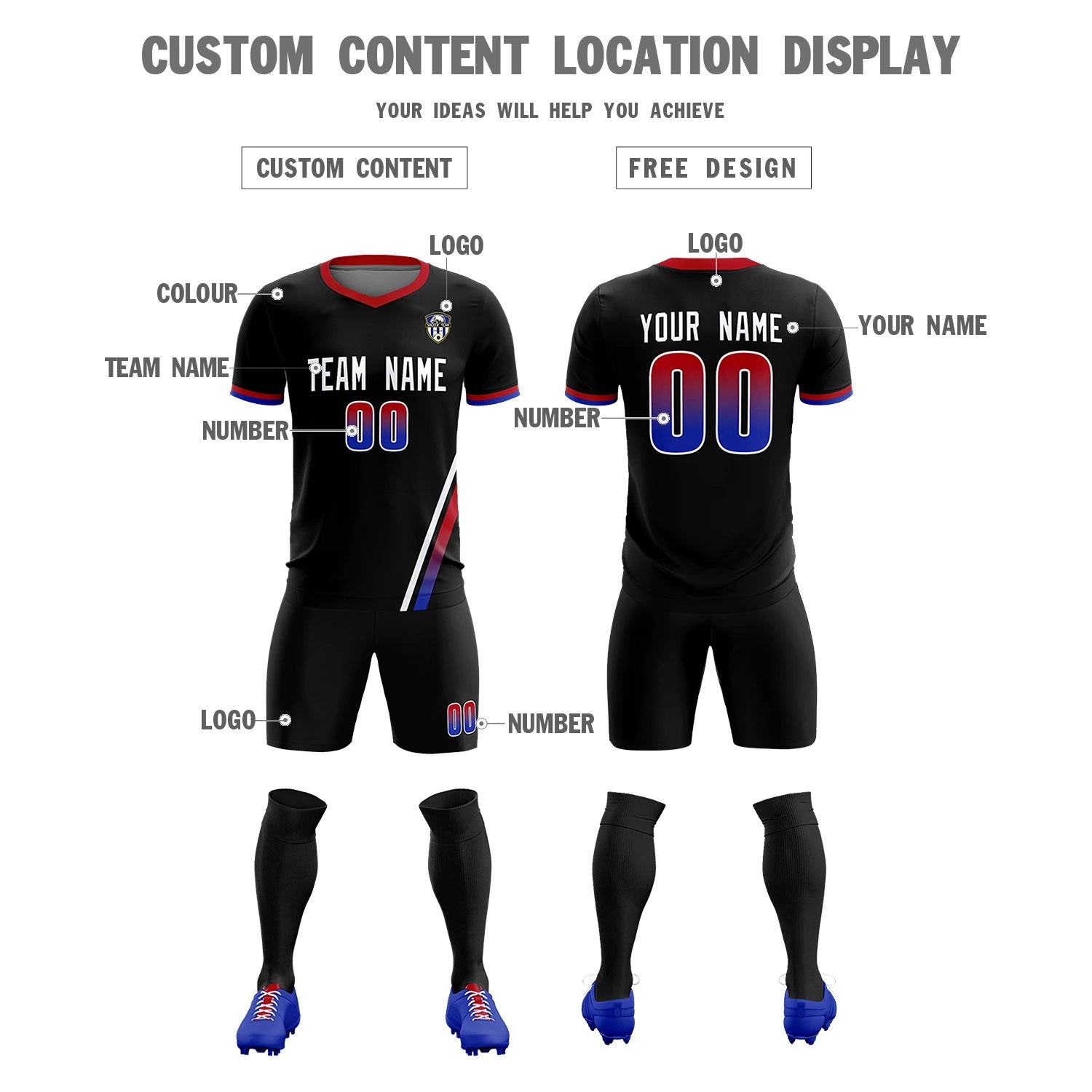 Custom Black White-Red Gradient Fashion Sportswear Soccer Sets Jersey