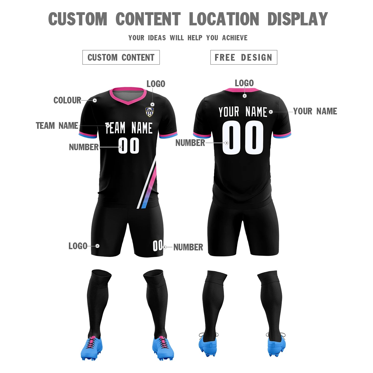 Custom Black White-Pink Gradient Fashion Sportswear Soccer Sets Jersey