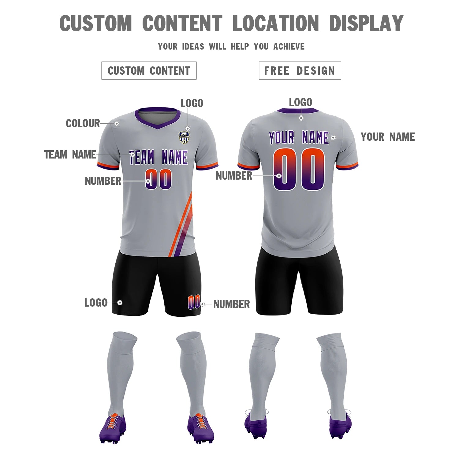 Custom Gray Orange-Purple Gradient Fashion Sportswear Soccer Sets Jersey