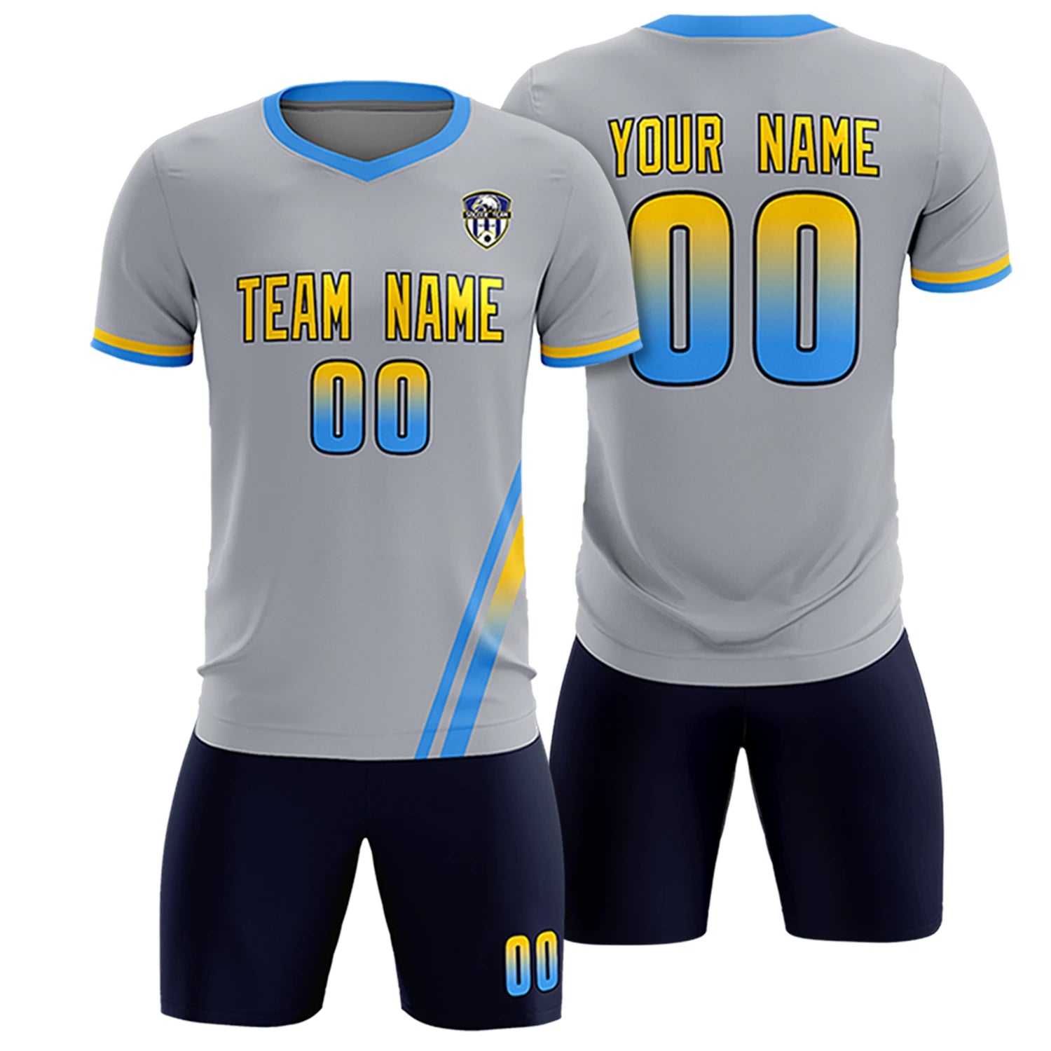 Custom Gray Powder Blue-Gold01 Gradient Fashion Sportswear Soccer Sets Jersey