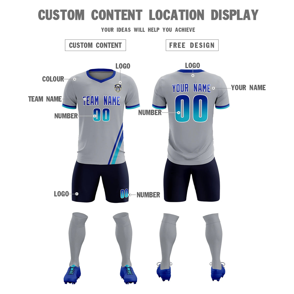 Custom Gray Royal Blue-Sky Blue Gradient Fashion Sportswear Soccer Sets Jersey